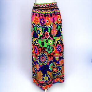Vintage 60s 70s women's neon psychedelic floral print barkcloth maxi skirt Small